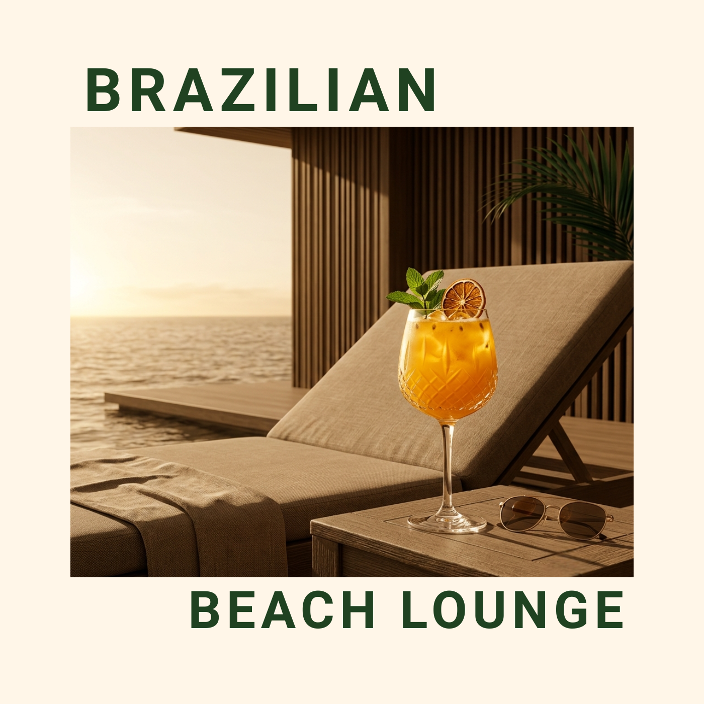 Brazilian Beach Lounge playlist artwork showing a sunset drink beside a coastal lounge chair